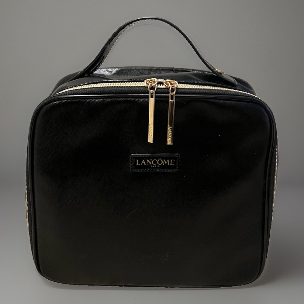 Lancôme Logoed Black Textured Patent Leather Zip-Around Large‎ Makeup Train Bag